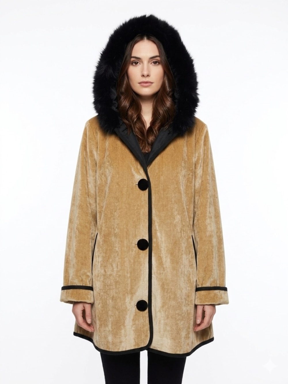 Canadian Made -  Tan Velvet Coat with Black Fur-Trim Hood